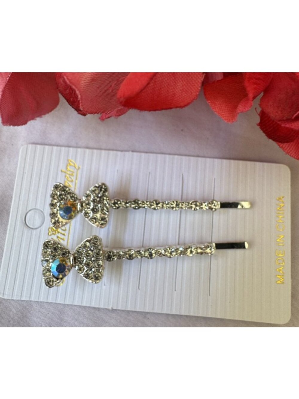 2 PC Set Hair Clips Pin Rhinestone Bow Bling Silvertone Crystal Rhinestone 2.5"